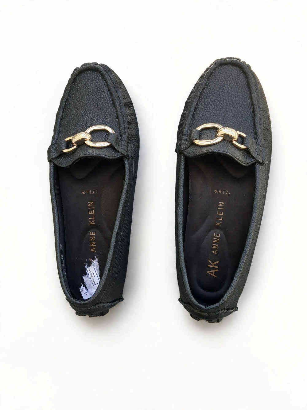 Anne Klein Black Pebbled Leather Loafers with Gold Chain Detail